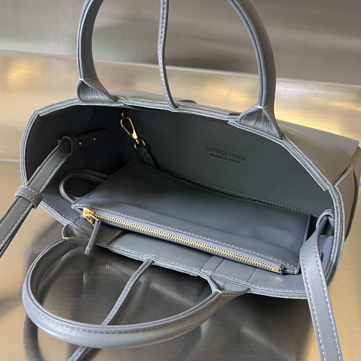 Mini Arco Intreccio Leather Tote Bag Dark Grey